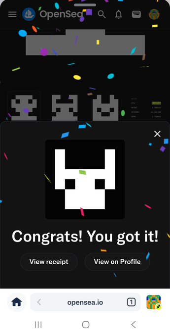 Screenshot from OpenSea (opensea.io) on a mobile browser showing a pixel art NFT acquisition celebration with confetti effects, displaying "Congrats! You got it!" alongside a white rabbit/bunny pixel character.