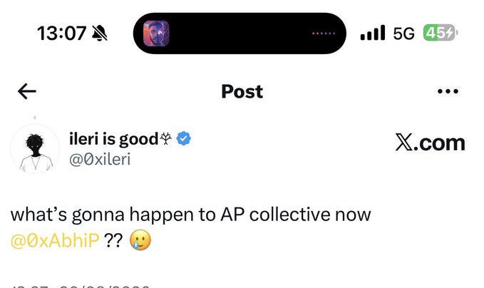 A screenshot of an X (Twitter) post from user @0xileri asking 'what's gonna happen to AP collective now @0xAbhiP ??' with a flushed face emoji.
