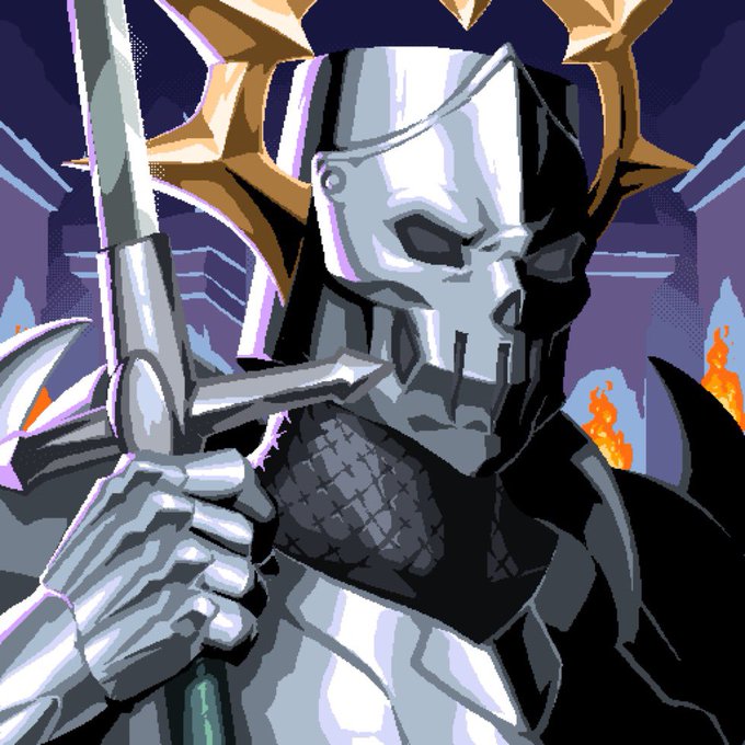 A pixel-art illustration depicts an armored knight wearing a horned helmet, gripping a sword, set against a dark purple background with orange flames and a castle silhouette.