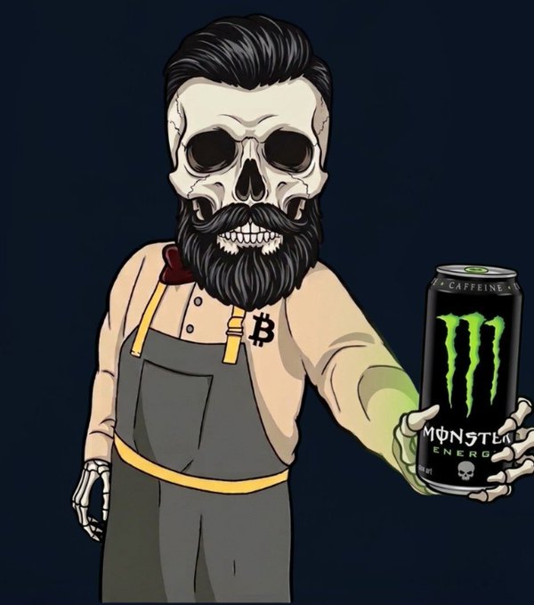 An illustrated skeleton with a black beard and slicked-back hair, wearing overalls with a Bitcoin logo, holds out a green can of Monster Energy drink.