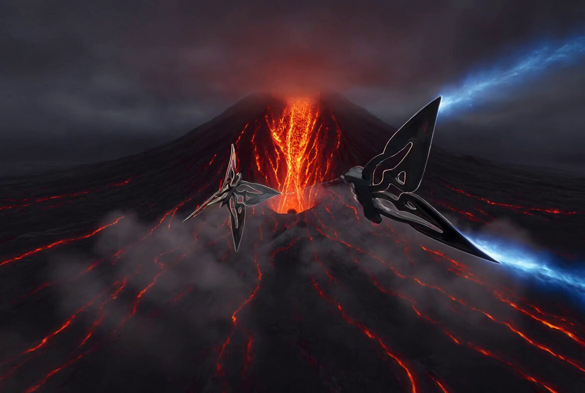 The image features two fighter jets flying over a volcano with lava flowing down its sides. The planes are positioned close together, creating an intense scene of action and adventure. The backdrop of the image is dark and dramatic, emphasizing the power and intensity of the volcanic activity. The caption provided seems to be unrelated or unrelated to the main subject matter of the image.