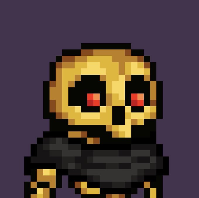 A pixel art character with a yellow skull-like face, red glowing eyes, and black hooded robe against a dark purple background.