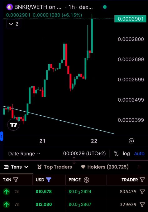 A candlestick chart for the BNKR/WETH pair showing a strong upward trend over a 1-hour timeframe, with the current price at 0.0002901 (+6.15%) and showing top traders and transactions below.