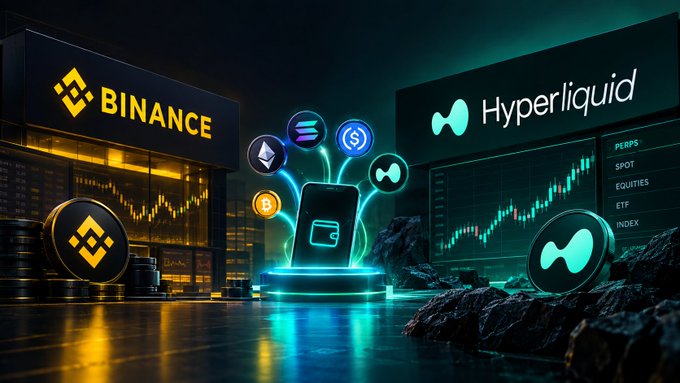 A crypto-themed promotional graphic displays the Binance and Hyperliquid logos, cryptocurrency symbols, coin stacks, and a rising market chart.