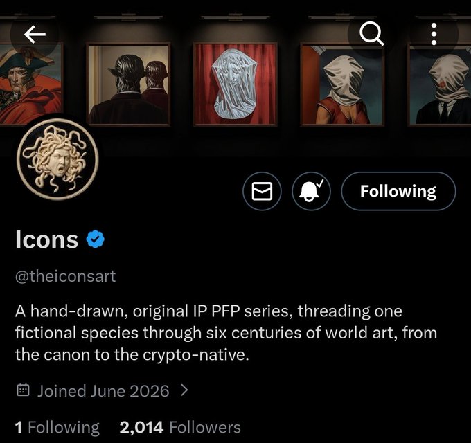 A Twitter/X profile page for "Icons" (@theiconsart) featuring Medusa-inspired profile art, showcasing a banner of various hand-drawn artistic portraits, with 2,014 followers and a description of a "hand-drawn, original IP PFP series, threading one fictional species through six centuries of world art," as highlighted in the accompanying post about interesting NFT finds.