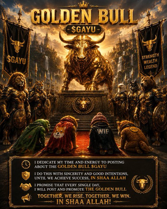 The image is a dramatic promotional graphic featuring a massive golden bull statue under the text "GOLDEN BULL $GAYU," flanked by armored lion and bear warriors and kneeling figures wearing crypto-branded hoodies (one labeled "WIF"). It includes a personal pledge at the bottom about daily posting and promoting the token "in shaa Allah," tying into the bullish sentiment of the "Gm crypto." greeting.