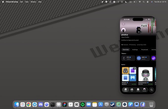 A macOS desktop screenshot showing the iPhone Mirroring app displaying an iPhone home screen with a 'pxelica' profile, crypto tokens (ETH, USDC), and NFT assets.