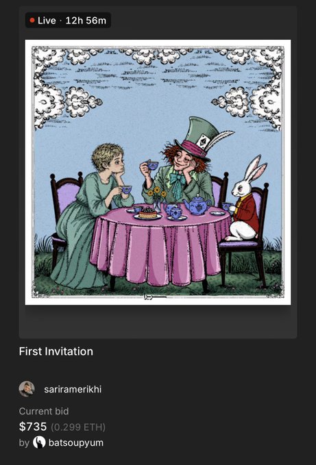 A dark interface shows an Alice in Wonderland-style tea-party artwork in an auction listing titled "First Invitation," live for "12h 56m," with a current bid of "$735 (0.299 ETH)" by "batsoupymn."