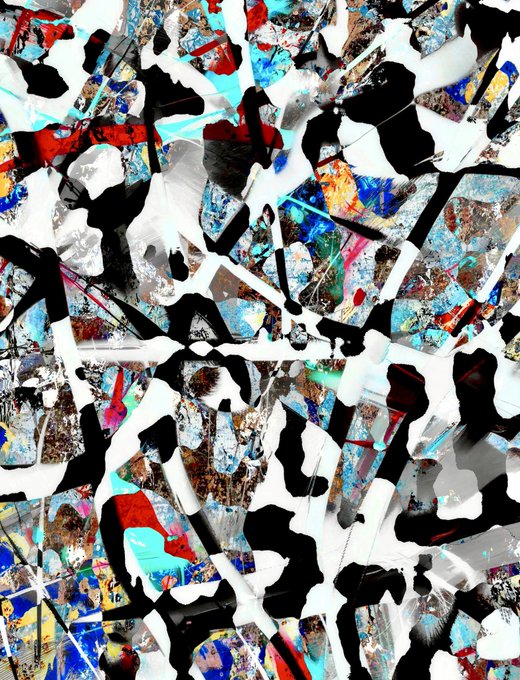 An abstract digital artwork or glitch art piece composed of fragmented, shattered shapes in black, white, blue, and red, with what appear to be distorted figures or faces obscured within the chaotic composition.