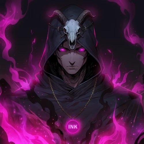 A digital illustration of a hooded figure wearing a horned animal skull mask with glowing purple eyes, surrounded by purple flames and a glowing "INK" pendant.