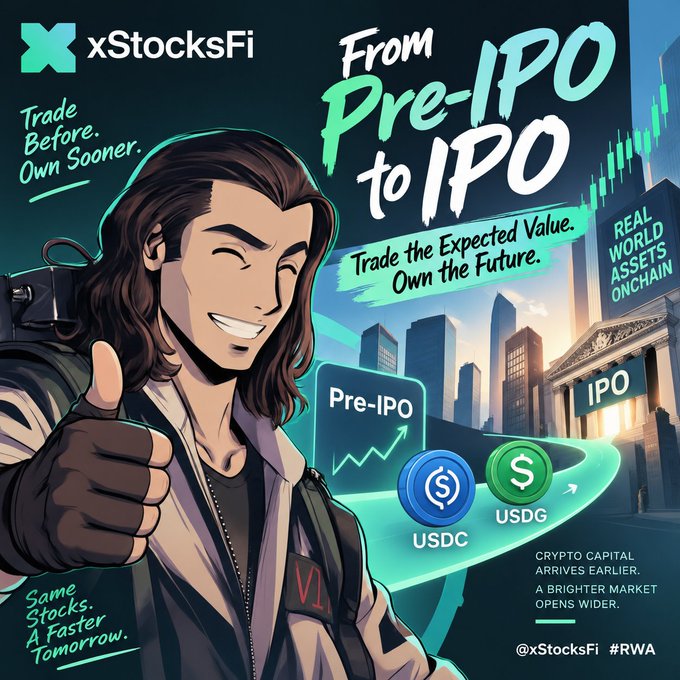 An illustrated promotional image for 'xStocksFi' featuring a smiling character giving a thumbs up, with text 'From Pre-IPO to IPO' and 'Trade the Expected Value, Own the Future', showing USDC and USDG tokens.