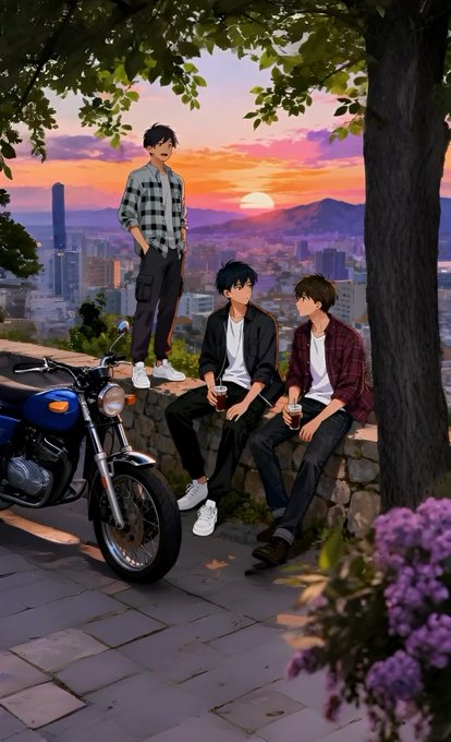 The image shows three anime-style young men enjoying a sunset gathering at a scenic overlook, with two sitting on a stone ledge holding coffee cups and one standing nearby, accompanied by a parked motorcycle. The relaxed, watchful vibe of the scene complements the post's message about patiently observing steady market progress, with the lone standing figure symbolizing the attentive focus on $ANSEM.