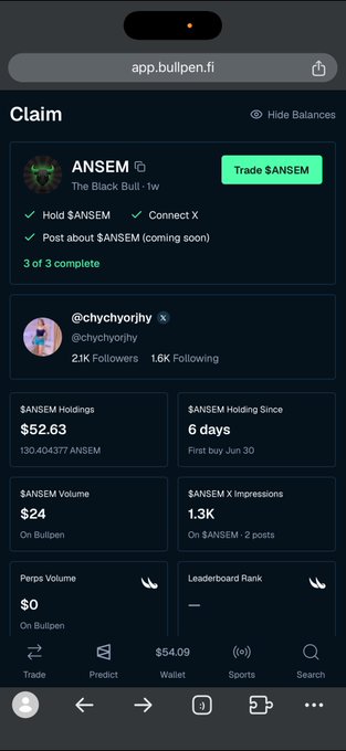 A screenshot of the app.bullpen.fi platform showing a "Claim" profile for the $ANSEM token ("The Black Bull"), with stats including 130.404377 $ANSEM holdings, $24 volume, and 1.3K $ANSEM X Impressions.