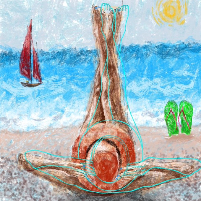 A child's painting showing a brown tree trunk-like figure with blue swirling lines on a beach, with a red sailboat on blue waves and a yellow sun in the sky.