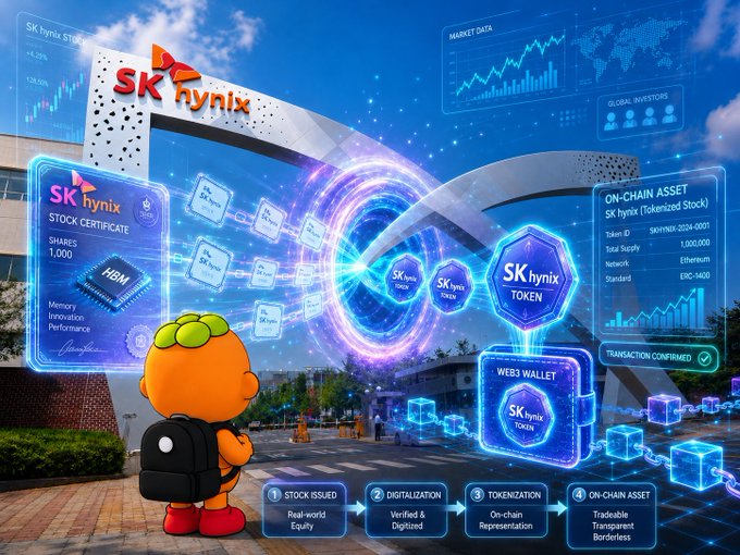 A promotional graphic for SK hynix showcasing a 'STOCK CERTIFICATE' with 1,000 shares for HBM, depicting a process of stock issuance, digitalization, tokenization, and on-chain asset creation on the Ethereum network (ERC-1400), with a cartoon character observing the holographic displays.