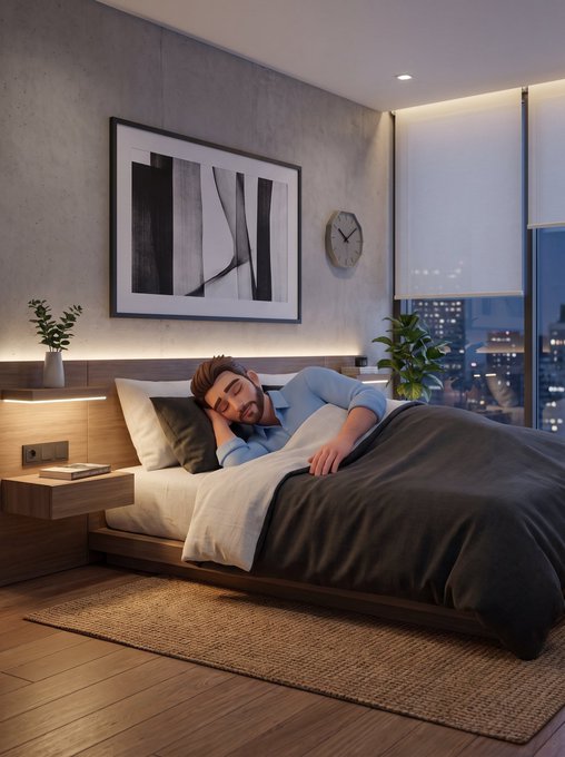 A photograph of a bearded man sleeping in a modern bedroom with a city skyline visible through the window, ambient lighting, and minimalist decor.
