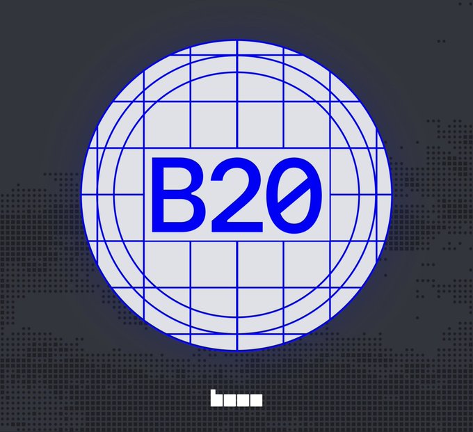 A blue and white globe logo features the text 'B20' in the center, set against a dark dotted background with a loading indicator at the bottom.