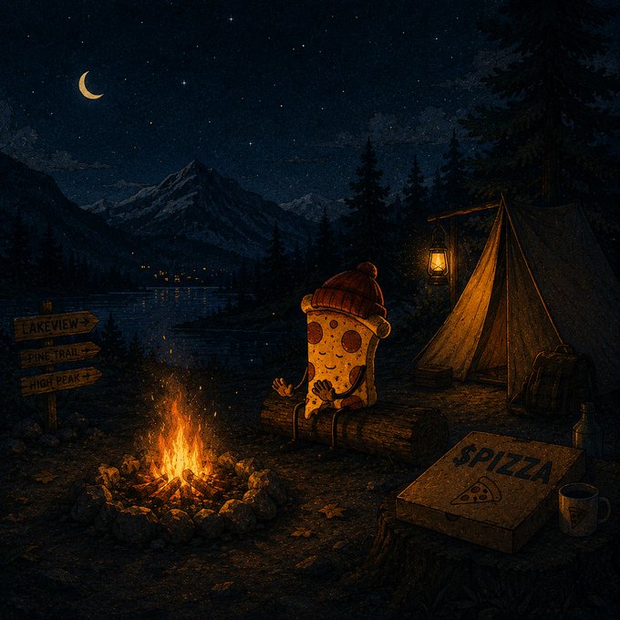 A cute pizza slice character wearing a beanie sits by a campfire at night next to a "SPIZZA" pizza box and a lantern-lit tent, with a wooden signpost pointing toward "Lakeview," "Pine Trail," and "High Peak." The cozy, nostalgic campfire setting evokes a sense of community and nostalgia, tying in with the post's message of $PIZZA rewriting history.