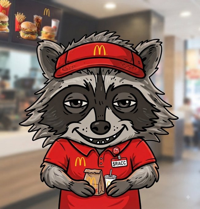 A cartoon illustration of a raccoon wearing a McDonald's visor and red uniform shirt, holding a fries bag and drink cup inside a McDonald's restaurant.