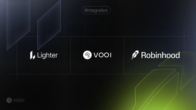 A dark promotional graphic displays a "#integration" header above three brand logos: "Lighter," "VOOI," and "Robinhood," visually announcing the partnership behind new perpetual futures markets including the $CASHCAT token highlighted in the post.