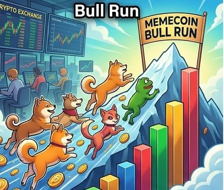 A cartoon-style 'Bull Run' meme featuring a green frog and several dogs running up a mountain of coins and stock charts, with 'CRYPTO EXCHANGE' monitors in the background and a 'MEMECOIN BULL RUN' banner.
