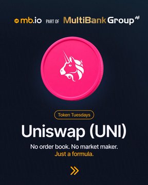 A promotional graphic for "Token Tuesdays" by mb.io (part of MultiBank Group) featuring a pink Uniswap unicorn logo on a dark background, with text highlighting Uniswap (UNI) as a decentralized exchange operating without an order book or market maker—"Just a formula."