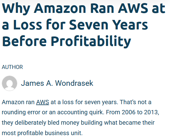 An article titled "Why Amazon Ran AWS at a Loss for Seven Years Before Profitability" by James A. Wondrasek, noting that Amazon's AWS division operated at a loss from 2006 to 2013 before becoming its most profitable unit. The post uses this as an analogy to suggest that the Internet Computer (ICP) may follow a similar long-term trajectory toward mainstream adoption.