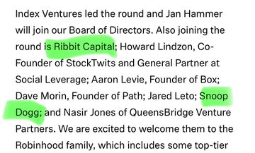 Article excerpt about Robinhood's funding round mentioning Index Ventures, Jan Hammer, Ribbit Capital, Howard Lindzon, Aaron Levie (Box), Dave Morin (Path), Jared Leto, Snoop Dogg, and Nasir Jones (QueensBridge Venture Partners).