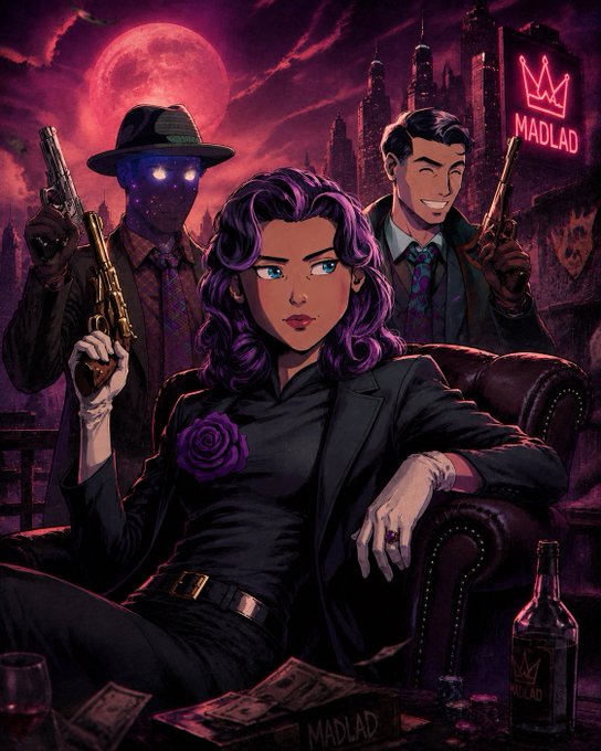 Stylized comic-book artwork branded with 'MADLAD', depicting a purple-haired woman in a black suit holding a golden gun, flanked by two male characters, set against a dark city skyline with a red moon.