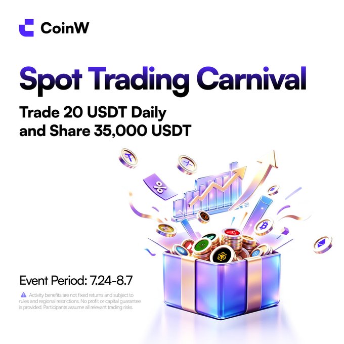 CoinW advertisement for a 'Spot Trading Carnival' event running from 7.24-8.7, offering rewards of 35,000 USDT for trading 20 USDT daily, illustrated with a gift box overflowing with cryptocurrency coins.