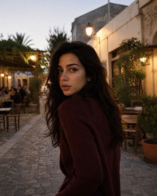 A young woman with long dark hair wearing a maroon sweater looks over her shoulder at the camera while standing on a cobblestone street in a town setting at dusk.