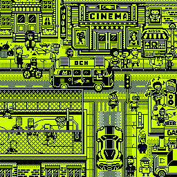 A yellow pixel art illustration depicting a city scene with a cinema, a 'BEN' van, various people, and a sports car on a street.