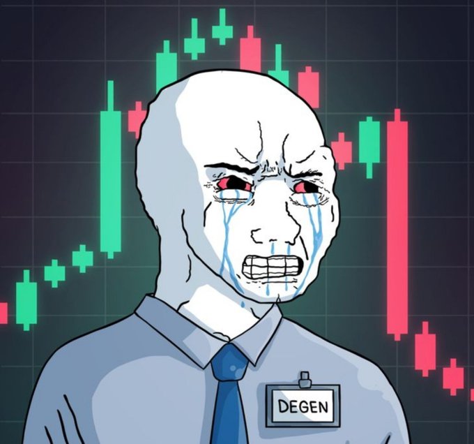 A crying bald Wojak character wearing a "DEGEN" name tag grimaces in despair against a backdrop of a crashing red and green candlestick chart, visually capturing the despair of a crypto trader realizing their 20 BTC target was overly optimistic amid market losses.