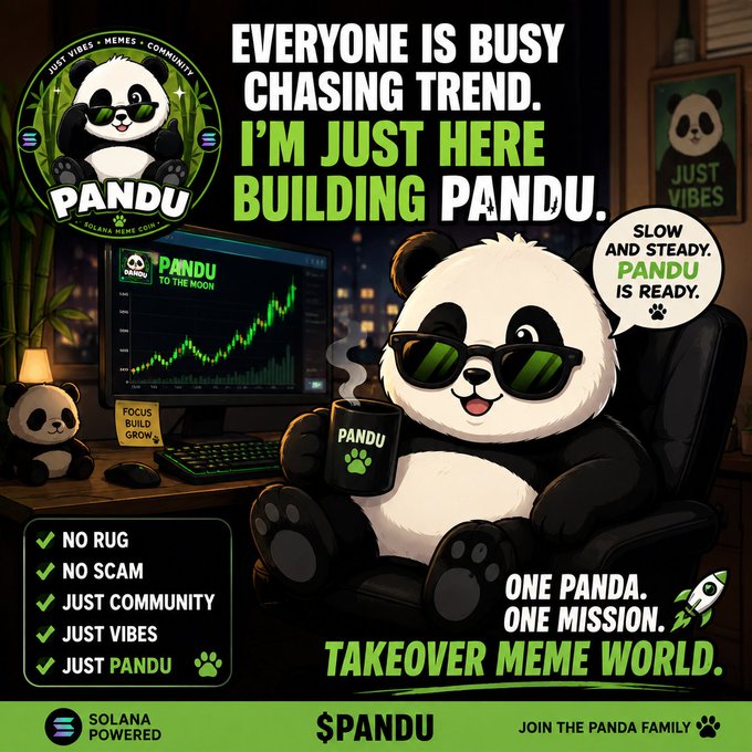 A promotional graphic for the 'PANDU' cryptocurrency meme coin, featuring a cartoon panda wearing sunglasses and holding a coffee mug with the Solana logo, and text including 'EVERYONE IS BUSY CHASING TREND. I'M JUST HERE BUILDING PANDU.' and 'SOLANA POWERED $PANDU'.