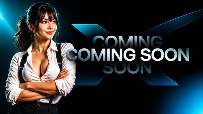 Gaming promotional image featuring a stylized female character with crossed arms next to 'COMING SOON' text and a large blue X logo.