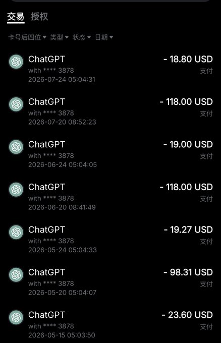 A transaction history screen in Chinese showing multiple ChatGPT payments in USD ranging from $18.80 to $118.00 made with a card ending in 3878 between May and July 2026.