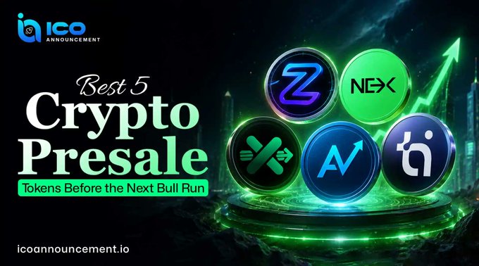 The image is a promotional graphic for "Best 5 Crypto Presale - Tokens Before the Next Bull Run" from icoannouncement.io, featuring stylized circular logos of various crypto tokens ($ZVR, $NEX, $XFX, $AXNV, and $BOTC) displayed against a dark background with green upward-trending arrows symbolizing market growth.

The graphic visually reinforces the accompanying post by showcasing the five featured presale tokens positioned above a rising bull market graphic, aligning with the announcement's theme of identifying top presale opportunities ahead of a crypto bull run.