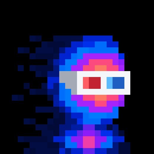 A pixel art illustration of a glitchy, blue and purple figure wearing red and blue 3D-style glasses against a black background.