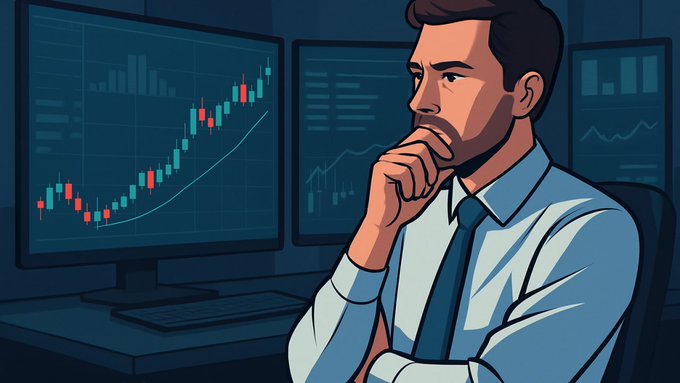 An illustrated cartoon of a thoughtful businessman in a shirt and tie looking at multiple monitors displaying stock market charts and candlestick graphs.