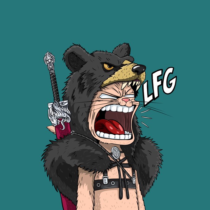 An anime-style cartoon illustration of a fierce character wearing a black bear head headdress, baring sharp teeth in an angry expression with the text 'LFG' displayed in a comic-style speech bubble.