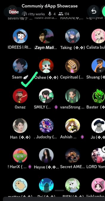 A screenshot of a "Community dApp Showcase" featuring a grid of user profile pictures with names like "Zayn Mali..." and "Calista bul...," with a green checkmark drawn next to the profile "Oshee."