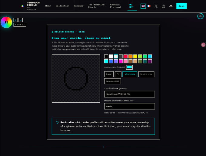 Interface for a 'Virtuous Circle' 32x32 pixel art editor on 'The Widening Circle' page, showing options to upload an X profile and Discord username.