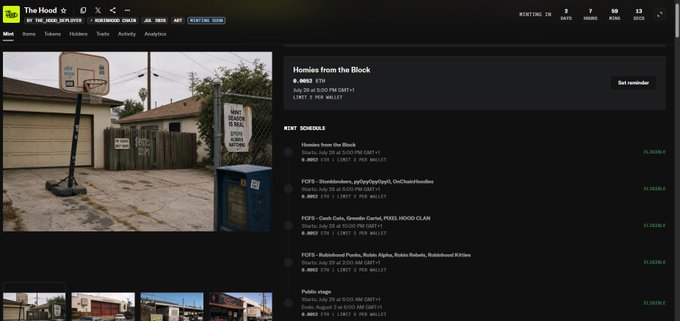 The image shows an OpenSea NFT collection page titled "Hoodz from the Block," with a listed price of 0.001 ETH ($1.77) and a floor of 1 per wallet for items like "Homies from the Block," "FOYS - Skunkbusters," "FOYS - Cash Data," and "FOYS - Rubberband Punks." The accompanying post likely promotes the collection, asking if viewers will join in acquiring these digital collectibles.