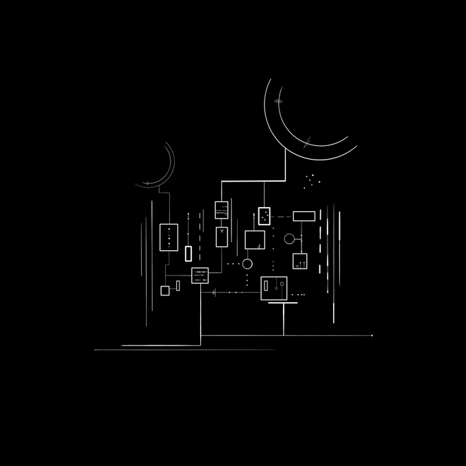A minimalist white line drawing on a black background portrays a face constructed from geometric shapes, lines, and crescent moons, resembling a stylized solar system or celestial body.
