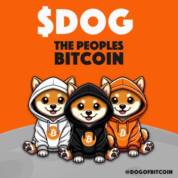 A vibrant promotional graphic for $DOG featuring three cartoon Shiba Inu dogs in hoodies (white, black, and orange) wearing Bitcoin logo pendants, with the text "$DOG - THE PEOPLES BITCOIN" above and "@DOGOFBITCOIN" below, aligning with the "$DOG" and "@LeonidasNFT" theme of meme-based crypto culture.