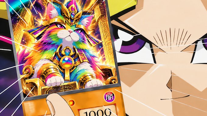 An animated character holds up a Yu-Gi-Oh! card featuring a rainbow-maned cat-like warrior with '1000' ATK visible, while a shocked face appears behind them.