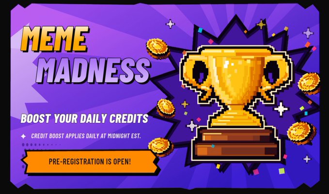 A promotional graphic for the "Meme Madness" tournament on Cade Market (formerly pumpcade), featuring a pixel-art golden trophy and coins against a purple background, with text inviting users to pre-register for a 7-day prediction tournament that boosts daily credits.