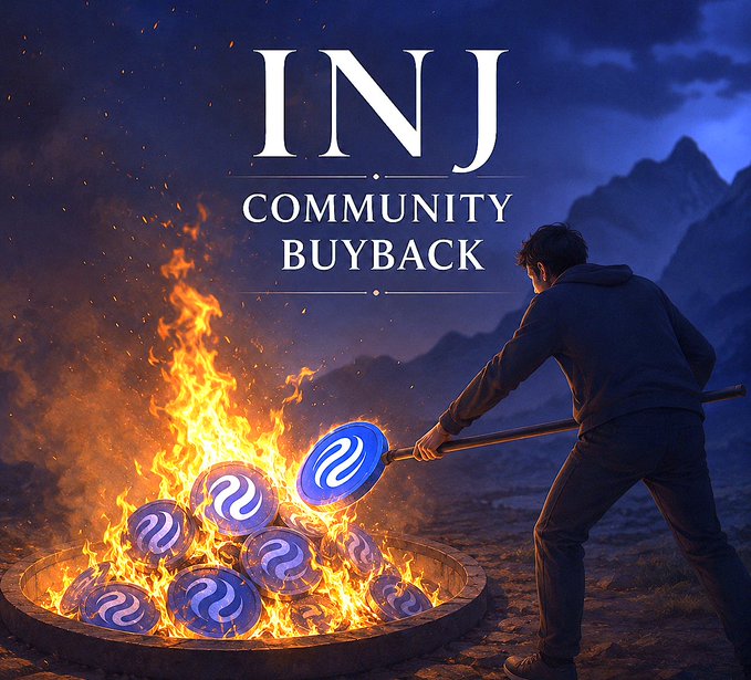 The image shows a man standing next to a fire pit filled with burning blue and red balls. The fire pit contains at least 13 balls that are burning brightly. The scene appears to be set against a dark sky, which adds an element of drama to the image. The title "INJ Community Buyback" is prominently displayed in white text above the fire pit, indicating the context of the image.
