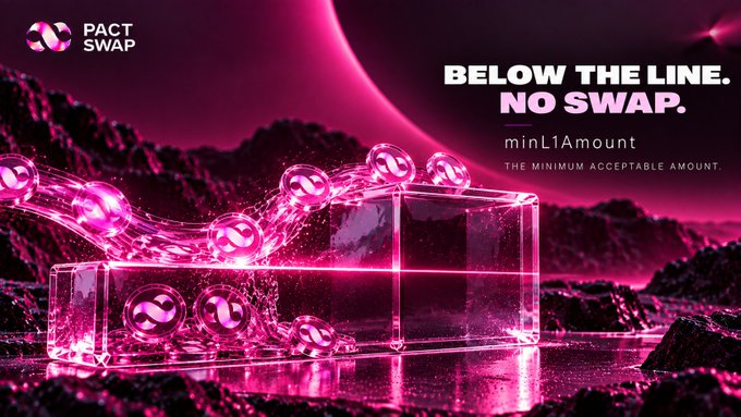 A promotional banner for 'PACT SWAP' cryptocurrency service with the tagline 'BELOW THE LINE. NO SWAP. minL1Amount - THE MINIMUM ACCEPTABLE AMOUNT.' featuring pink glowing cubes and orbs on a rocky alien landscape.