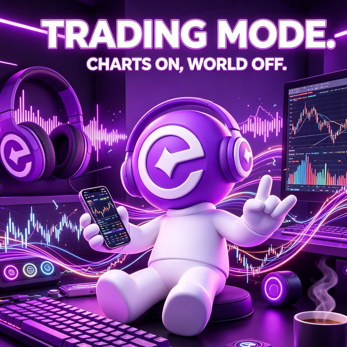 The image promotes "TRADING MODE. CHARTS ON, WORLD OFF" featuring a purple cartoon mascot wearing headphones, holding a smartphone with trading charts, surrounded by cryptocurrency graphs, neon lights, and headphones. It visually represents the focused, intense trading atmosphere referenced in the post's call for a one-word description of the crypto market, encouraging engagement via UID comments for a 30 USDT airdrop giveaway.
